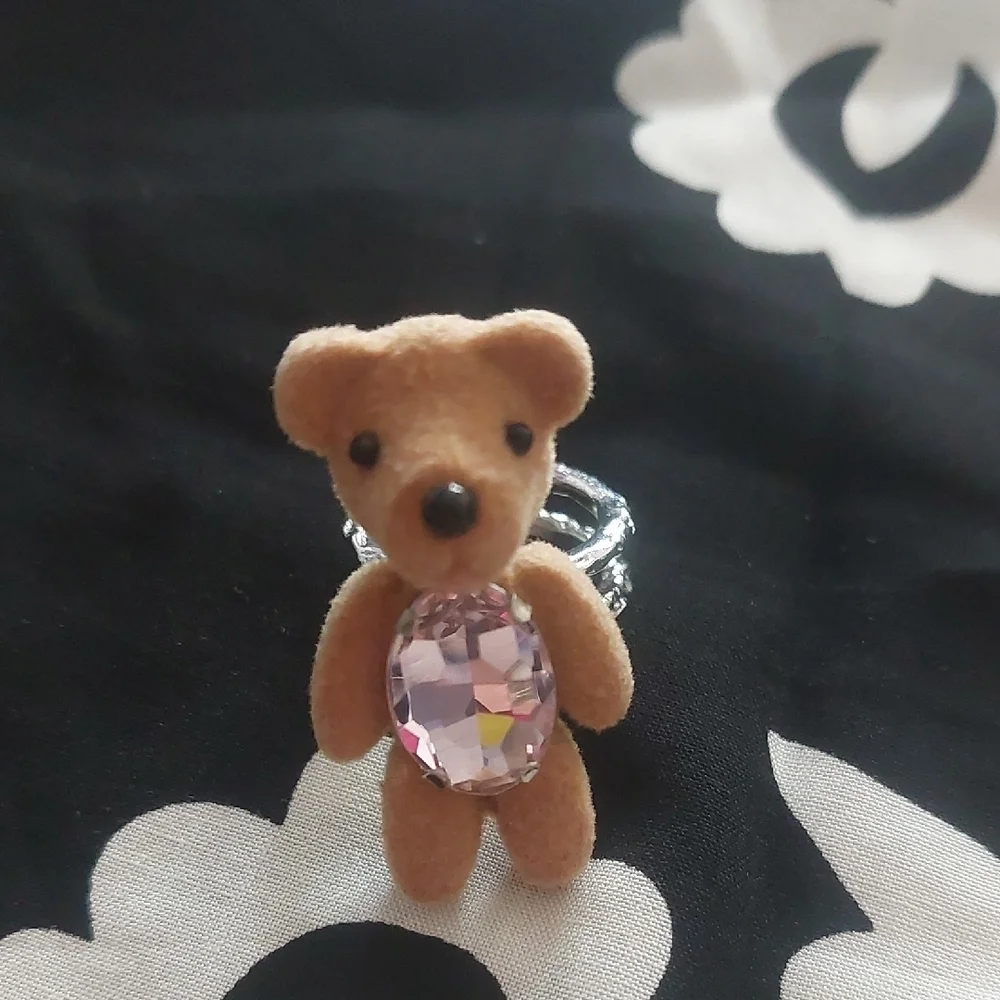 Whimsical Brown and Purple Teddy Bear Jewelry Ring